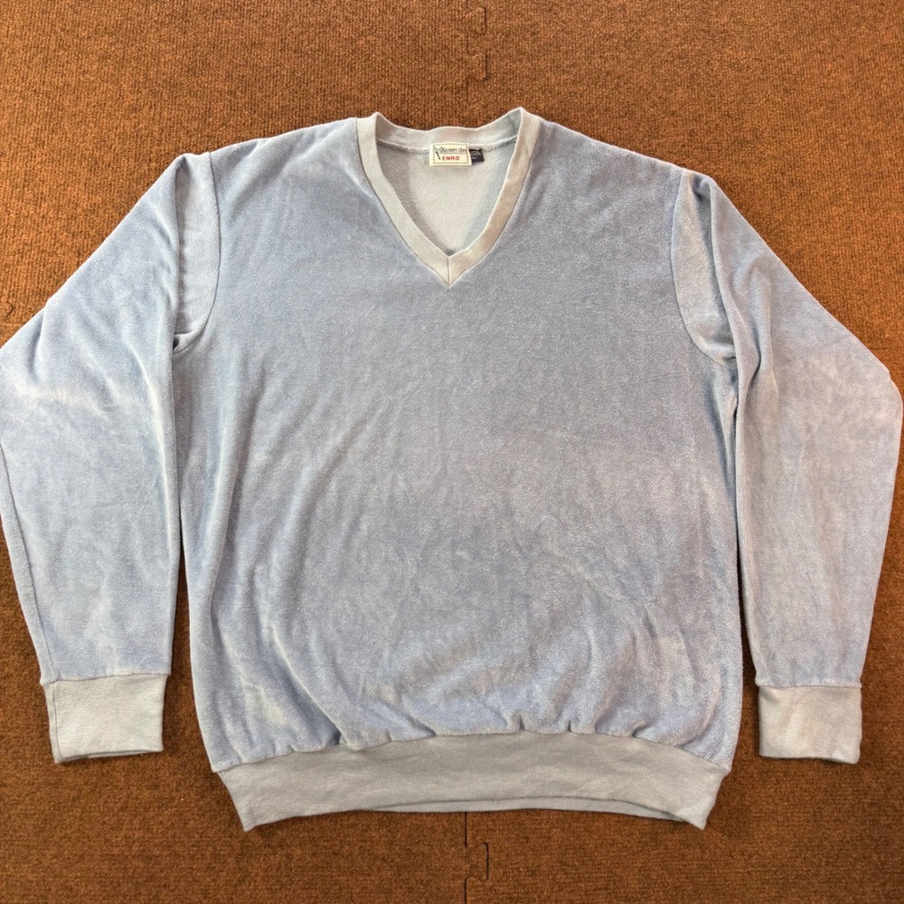 Vintage Enro Mens Light Blue Velour V-Neck Pullover Sweatshirt XL Super soft B-